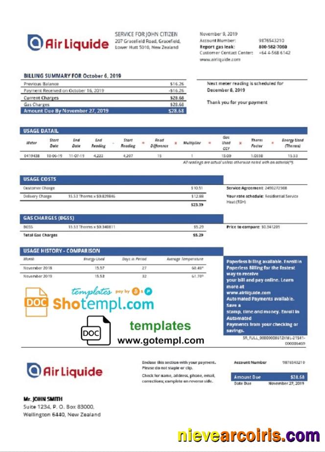 New Zealand Air Liquide gas utility bill